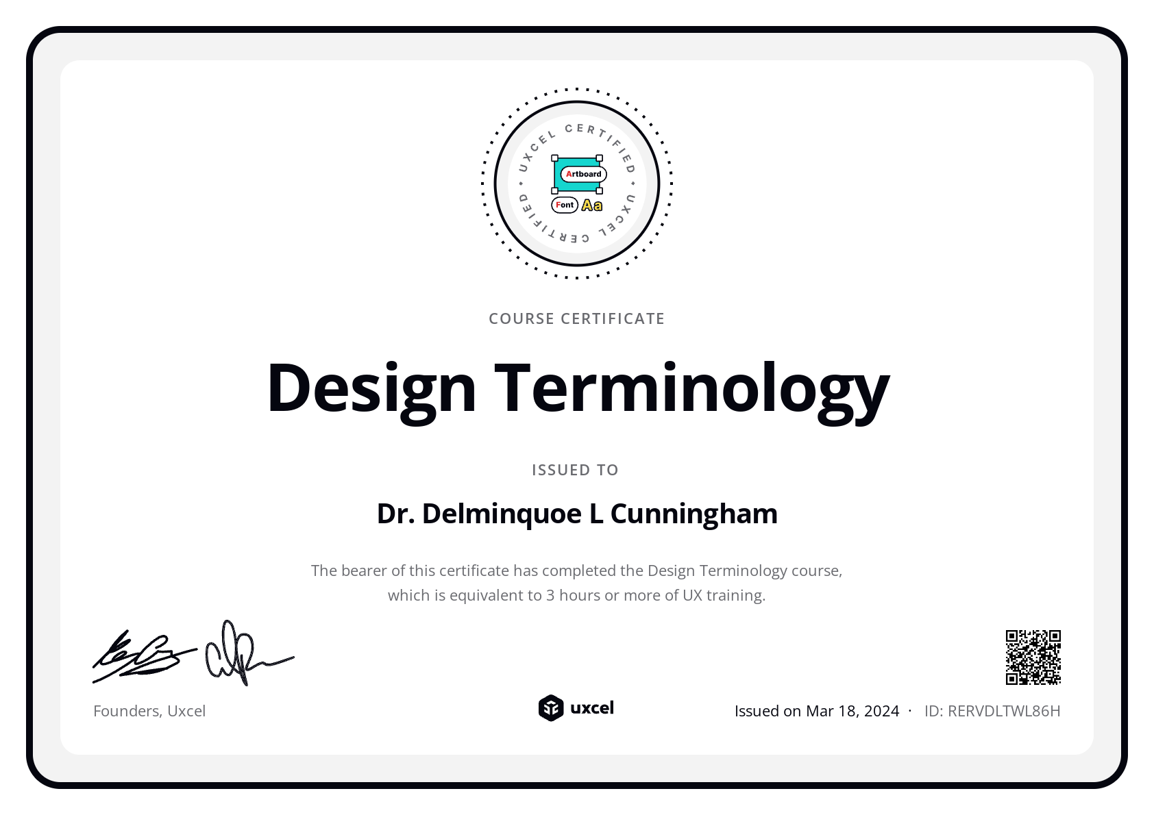 Dr. Delminquoe L Cunningham's certificate